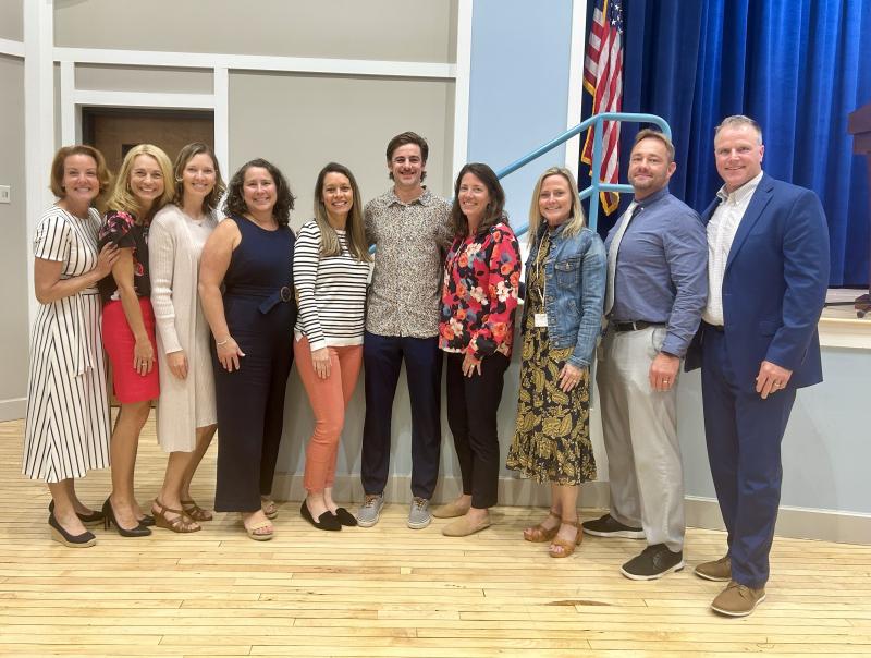 Life skills teacher Jack Stang was named the Sussex Consortium Teacher of the Year. Gathered are (l-r) school board President Alison Myers, Assistant Superintendent Jenny Nauman, Assistant Principal Patricia Wilson, Assistant Principal Wendy Harrington, Assistant Principal Elizabeth Cherico, Stang, Assistant Principal Pamela Willmot, Assistant Principal Erin Gannon, Assistant Principal Michael Thompson and Superintendent Bob Fulton.